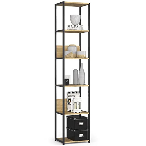 AKORD Bücherregal mit 6 Ablagen 40cm breit | Industrial/Loft-Style | Offen | Skelettbauweise | Standregal | Holz/Metall | Für Küche, Schlafzimmer, Büro | Regal mit Metallrahmen | Schwarz/Artisan-Eiche von AKORD