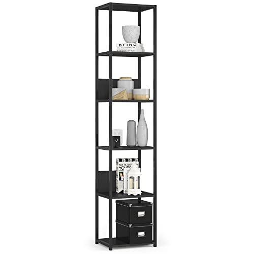 AKORD Bücherregal mit 6 Ablagen 40cm breit | Industrial/Loft-Style | Offen | Skelettbauweise | Standregal | Holz/Metall | Für Küche, Schlafzimmer, Büro | Regal mit Metallrahmen | Schwarz von AKORD