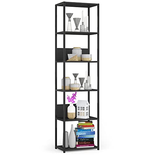 AKORD Bücherregal mit 6 Ablagen 50cm breit | Industrial/Loft-Style | Offen | Skelettbauweise | Standregal | Holz/Metall | Für Küche, Schlafzimmer, Büro | Regal mit Metallrahmen | Schwarz von AKORD