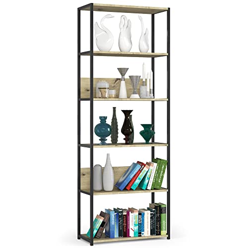 AKORD Bücherregal mit 6 Ablagen 70cm breit | Industrial/Loft-Style | Offen | Skelettbauweise | Standregal | Holz/Metall | Für Küche, Schlafzimmer, Büro | Regal mit Metallrahmen | Schwarz/Artisan-Eiche von AKORD