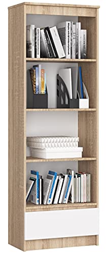 AKORD Büro-Bücherregal 60 cm 1 Schublade 4 Regale | Möbel Stehen für Dokumente Bücher für EIN Schlafzimmer Arbeitszimmer Wohnzimmer Schrank | Laminierte Platte 16 mm | Eiche Sonoma + Weiß Front von AKORD
