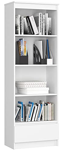 AKORD Büro-Bücherregal 60 cm 1 Schublade 4 Regale | Möbel Stehen für Dokumente Bücher für EIN Schlafzimmer Arbeitszimmer Wohnzimmer Schrank | Laminierte Platte 16 mm | Weiß + Weiße Front von AKORD