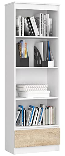 AKORD Büro-Bücherregal 60 cm 1 Schublade 4 Regale | Möbel Stehen für Dokumente Bücher für EIN Schlafzimmer Arbeitszimmer Wohnzimmer Schrank | Laminierte Platte 16 mm | Weiß + Sonoma Eiche Front von AKORD