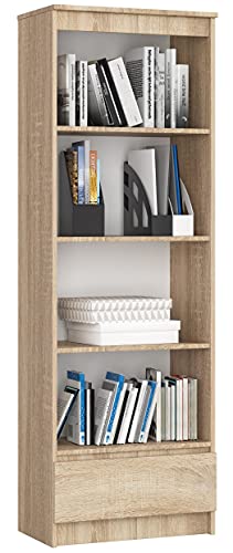 AKORD Büro-Bücherregal 60 cm 1 Schublade 4 Regale | Möbel stehen für Dokumente Bücher für ein Schlafzimmer Arbeitszimmer Wohnzimmer Schrank | Laminierte Platte 16mm | Eiche Sonoma + Eiche Sonoma Front von AKORD