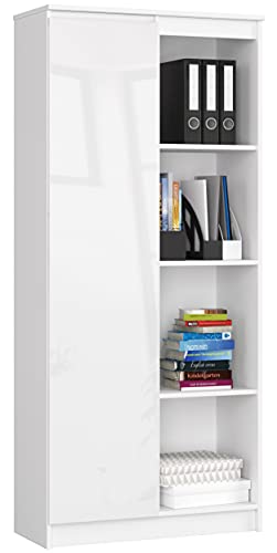 AKORD Büro-Bücherregal 80cm | 8 Einlegeböden | für Schrank Wohnzimmer Schlafzimmer Bücherregale| Standregal Holzregal Regal | Laminierte Platte 16 mm | Farbe Weiß/Weiß glänzend von AKORD