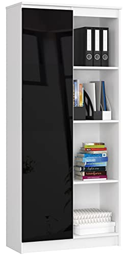 AKORD Büro-Bücherregal 80cm | 8 Einlegeböden | für Schrank Wohnzimmer Schlafzimmer Bücherregale| Standregal Holzregal Regal | Laminierte Platte 16 mm | Farbe weiß/schwarz glänzend von AKORD