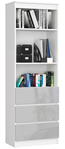 AKORD Büro-Bücherregal CLP 60 cm | 3 Schubladen 2 Einlegeböden Stehend | für Schrank Wohnzimmer Schlafzimmer Bücherregale| Minimalistisch | Laminierte Platte 16 mm | Farbe Weiß | Metallisch glänzend von AKORD