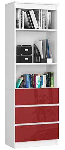 AKORD Büro-Bücherregal CLP 60 cm | 3 Schubladen 2 Einlegeböden Stehend | für Schrank Wohnzimmer Schlafzimmer Bücherregale| Minimalistisch | Laminierte Platte 16 mm | Farbe Weiß | Rot glänzend von AKORD