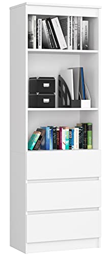 AKORD Büro-Bücherregal CLP 60 cm | 3 Schubladen 3 Einlegeböden stehend | für Schrank Wohnzimmer Schlafzimmer Bücherregale| Minimalistisch | Laminierte Platte 16 mm | White + White Front von AKORD