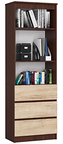 AKORD Büro-Bücherregal CLP 60 cm | 3 Schubladen 3 Einlegeböden stehend | für Schrank Wohnzimmer Schlafzimmer Bücherregale| Minimalistisch | Laminierte Platte 16 mm | Wenge + Oak Sonoma Front von AKORD