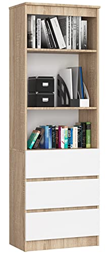 AKORD Büro-Bücherregal CLP 60 cm | 3 Schubladen 3 Einlegeböden stehend | für Schrank Wohnzimmer Schlafzimmer Bücherregale| Minimalistisch | Laminierte Platte 16 mm | Oak Sonoma + White Front von AKORD