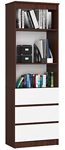 AKORD Büro-Bücherregal CLP 60 cm | 3 Schubladen 3 Einlegeböden stehend | für Schrank Wohnzimmer Schlafzimmer Bücherregale| Minimalistisch | Laminierte Platte 16 mm | Wenge + White Front von AKORD