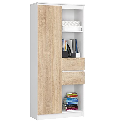 AKORD Büro-Bücherregal CLP 80 cm 7 Regale 2 Schubladen und Türen | für Dokumente Bücher für einen Schlafzimmerschrank Wohnzimmer Schrank Laminierte Platte 16 mm | Farbe Weiß/Sonoma von AKORD