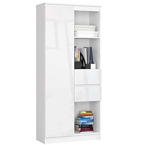 AKORD Büro-Bücherregal CLP 80 cm 7 Regale 2 Schubladen und Türen | für Dokumente Bücher für einen Schlafzimmerschrank Wohnzimmer Schrank Laminierte Platte 16 mm | Farbe Weiß/Weiß glänzend von AKORD