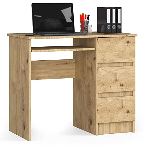 AKORD Schreibtisch A6 90 cm | 3 Schubladen Rechts | Schreibtisch | Bürotisch | Computertisch | Arbeitstisch | Laptoptisch | Bürmöbel | B90 x H77 x T50 cm | 29,95 kg | Artisan Eiche/Artisan Eiche von AKORD