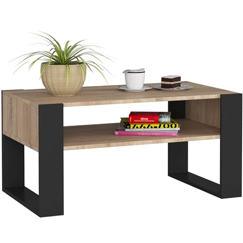 AKORD Couchtisch Holz DOMI mit einem Regal | 92x45x53cm | Für Wohnzimmer | Schlafzimmer Schrank | Minimalistisch Modernes Design | Schichtstoffplatte 16mm | Eiche Sonoma + Schwarze Beine von AKORD