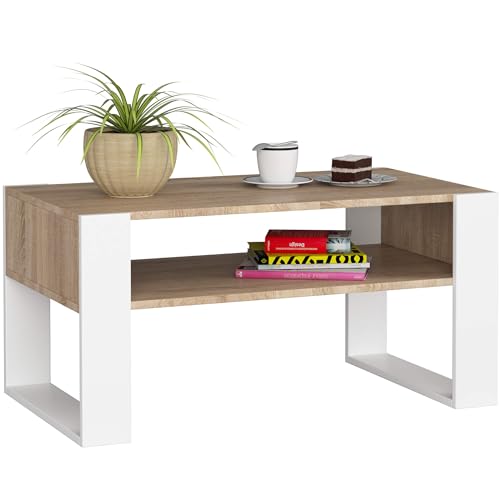 AKORD Couchtisch Holz DOMI mit einem Regal | 92x45x53cm | Für Wohnzimmer | Schlafzimmer Schrank | Minimalistisch Modernes Design | Schichtstoffplatte 16mm | Eiche Sonoma + weiße Beine von AKORD