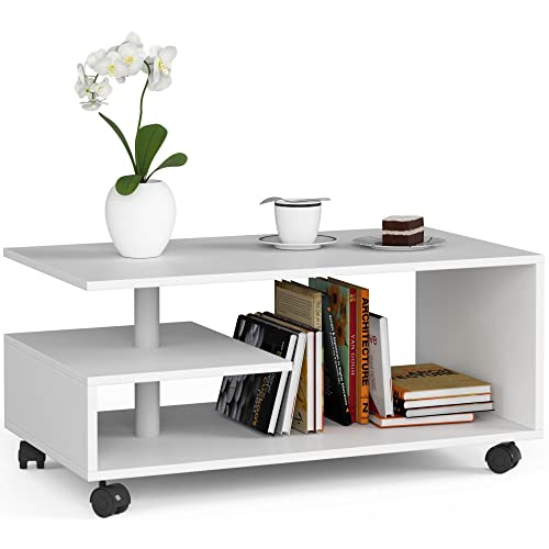 AKORD Couchtisch Vini auf Rädern | Bücherregal für Wohnzimmer | Schlafzimmer Schrank | Wohnzimmertisch Holz | Coutischtisch | Modernes funktionales Design| Laminierte Platte 16 mm| Farbe Weiß von AKORD