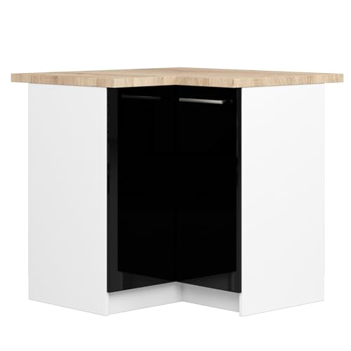 AKORD | Eck-Küchenschrank mit Arbeitsplatte - Oliwia S90 | Küchenunterschrank mit 2 Türen und 2 Einlegeböden | Unterschrank Küche 90 cm Breit | ABS-Kante 18 mm | 46 x 90 x 85 cm | Weiß | Schwarz Glanz von AKORD