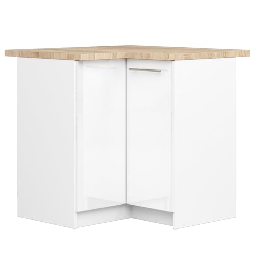 AKORD | Eck-Küchenschrank mit Arbeitsplatte - Oliwia S90 | Küchenunterschrank mit 2 Türen und 2 Einlegeböden | Unterschrank Küche 90 cm Breit | ABS-Kante 18 mm | 46 x 90 x 85 cm | Weiß | Weiß glänzend von AKORD