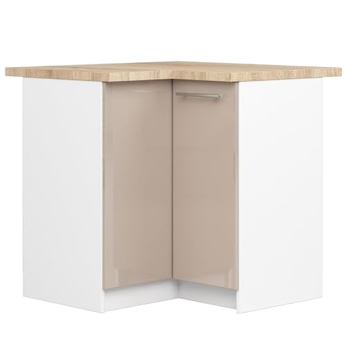 AKORD | Eck-Küchenschrank mit Arbeitsplatte - Oliwia S90 | Küchenunterschrank mit 2 Türen und 2 Einlegeböden | Unterschrank Küche 90 cm Breit | ABS-Kante 18 mm | 46x90x85 cm | Weiß | Cappuccino Glanz von AKORD