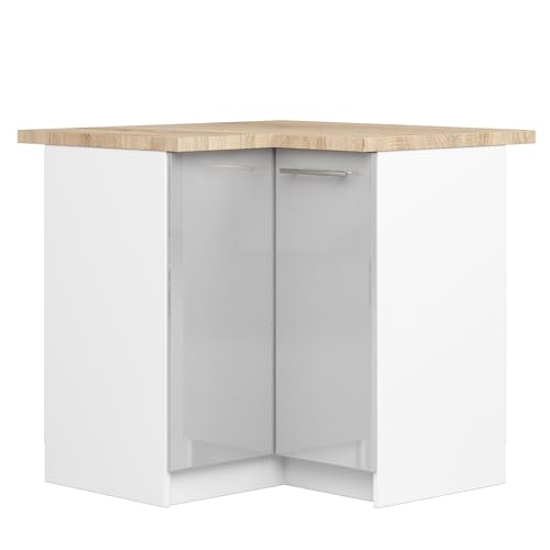 AKORD | Eck-Küchenschrank mit Arbeitsplatte - Oliwia S90 | Küchenunterschrank mit 2 Türen und 2 Einlegeböden | Unterschrank Küche 90 cm Breit | ABS-Kante 18 mm | 46x90x85 cm | Weiß | Metallic-Glanz von AKORD