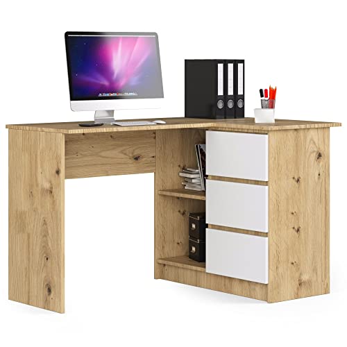 AKORD Eck-Schreibtisch B-16 mit 3 Schubladen und 2 Ablagen | Schreibtisch | ecktisch | Eck Schreibtisch für Home Office | Einfache Montage | B124 x H77 x T85, 48 kg | Eiche Artisan von AKORD