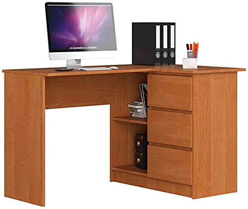 AKORD Eck-Schreibtisch B-16 mit 3 Schubladen und 2 Ablagen | Schreibtisch | ecktisch | Eck Schreibtisch für Home Office | Einfache Montage | B124 x H77 x T85, 48 kg Erle von AKORD