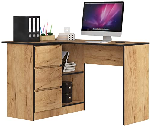 AKORD Eck-Schreibtisch B-16 mit 3 Schubladen und 2 Ablagen | Schreibtisch | ecktisch | Eck Schreibtisch für Home Office | Einfache Montage | B124 x H77 x T85, 48 kg Kraft Eiche AKORD Eck-Schreibtisch B-16 mit 3 Schubladen und 2 Ablagen | Schreibtisch | ecktisch | Eck Schreibtisch für Home Office | Einfache Montage | B124 x H77 x T85, 48 kg Kraft Eiche von AKORD