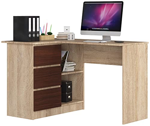 AKORD Eck-Schreibtisch B-16 mit 3 Schubladen und 2 Ablagen | Schreibtisch | ecktisch | Eck Schreibtisch für Home Office | Einfache Montage | B124 x H77 x T85, 48 kg Sonoma Eiche/Wenge von AKORD