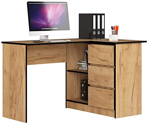 AKORD Eckschreibtisch B16 mit Regal 124 cm | 3 Schubladen Links | Schreibtisch | Ecktisch | Eck Schreibtisch | für Home | für Office | B124 x H77 x T85 cm | Gewicht 41,40 kg | Handwerk Eiche von AKORD