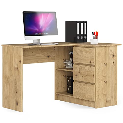 AKORD Eckschreibtisch B16 mit Regal 124 cm | 3 Schubladen Links | Schreibtisch | Ecktisch | Eck Schreibtisch | für Home | für Office | B124 x H77 x T85 cm | Gewicht 41,40 kg | Kunsthandwerkliche Eiche von AKORD