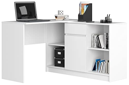 AKORD Eck-Schreibtisch B-17, 2-in-1 Kombination Schreibtisch + Kommode mit 1 Schublade, 1 Ablagefach mit Tür und 2 offenen Ablagen | B120 x H79/77 x T126, 68 kg | Weiß von AKORD