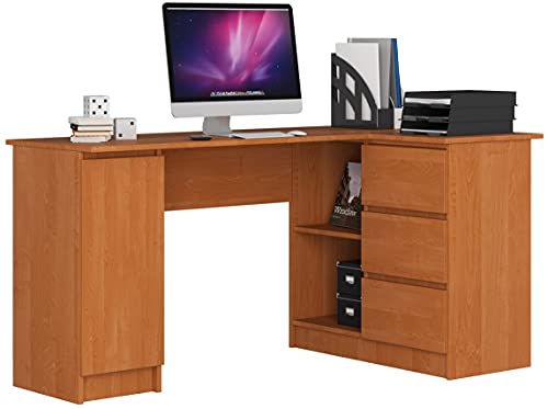 AKORD Eck-Schreibtisch B-20 mit 3 Schubladen, 2 Ablagen und einem Regalfach mit Tür | Schreibtisch | ecktisch | Eck Schreibtisch für Home Office | Einfache Montage | B155 x H77 x T85, 60 kg Erle von AKORD