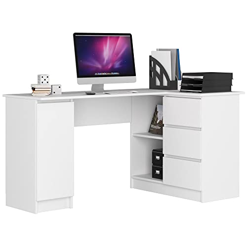 AKORD Eck-Schreibtisch B-20 mit 3 Schubladen, 2 Ablagen und einem Regalfach mit Tür | Schreibtisch | ecktisch | Eck Schreibtisch für Home Office | Einfache Montage | B155 x H77 x T85, 60 kg Weiß von AKORD