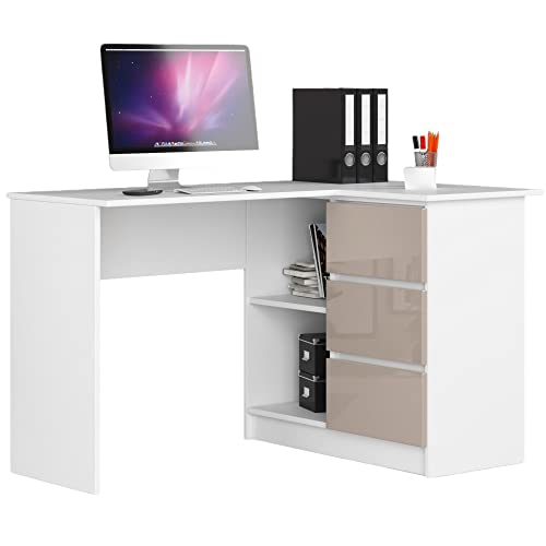 AKORD Eckschreibtisch mit Regal und 3 Schubladen| Schreibtisch | ecktisch | Eck Schreibtisch für Home Office | Einfache Montage | Weiss Rechts Weiß/Glänzender Cappuccino von AKORD