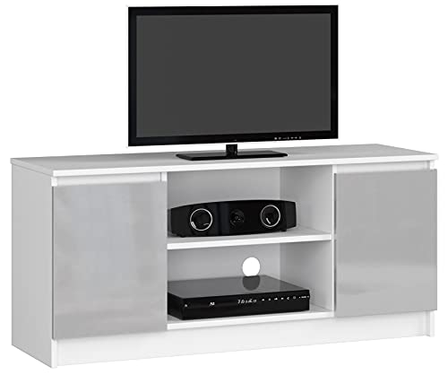 AKORD Low Board K-120 | TV-Shrank mit EIN offenes Regalfach | Fernsehkommode 2 Ablagen mit Türen Links und rechts | H55 x B120 x T40 cm | Gewicht 30 kg | Farbe Weiß/Metallic-Glanz von AKORD