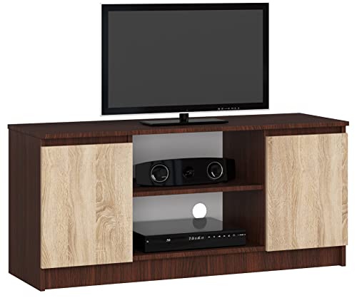 AKORD Fernsehkommode K-120 | EIN offenes Regalfach | 2 Ablagen mit Türen Links und rechts | H55 x B120 x T40 cm | Gewicht 30 kg | Gewicht 30 kg | Farbe Wenge/Sonoma-Eiche von AKORD