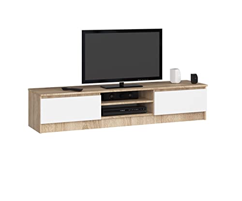 AKORD Fernsehkommode K-160 | EIN offenes Regalfach | 2 Ablagen mit Klapptüren Links und rechts | H33 x B160 x T40 cm | Gewicht 30 kg | Gewicht 30 kg | Farbe Sonoma Eiche/Weiß von AKORD