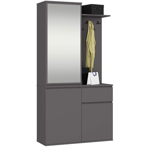 AKORD Garderoben-Set ENTRO Schwarz 95 cm - Kompaktgarderobe Schmaler Flur - 3 Türen, 1 Schublade - 7 Regalböden - Flurgarderoben Set Modern - Flur Möbel Set, Industrial Stil - Graphitgrau von AKORD
