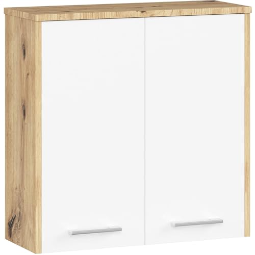 AKORD | Hängender Badezimmerschrank FIN W60 2D 2-türig | Hängeschränke Fürs Bad | Tür Links oder Rechtseitiger Montage | B60 x H60 x T22,5 cm | Gewicht 18 kg | Artisan-Eiche | Weiß von AKORD