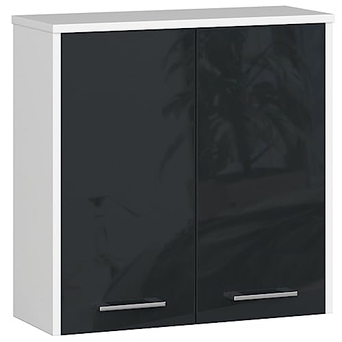 AKORD | Hängender Badezimmerschrank FIN W60 2D 2-türig | Hängeschränke Fürs Bad | Tür Links oder Rechtseitiger Montage | B60 x H60 x T22,5 cm | Gewicht 18 kg | Weiß/Graphit glänzend von AKORD