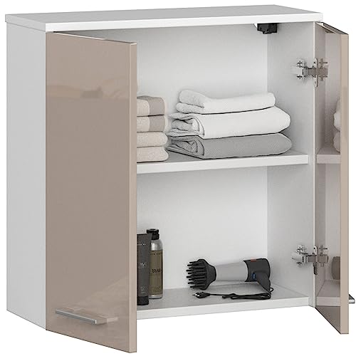 AKORD | Hängender Badezimmerschrank FIN W60 2D 2-türig | Hängeschränke Fürs Bad | Tür Links oder Rechtseitiger Montage | B60 x H60 x T22,5 cm | Gewicht 18 kg | weiß-Cappuccino glänzend von AKORD