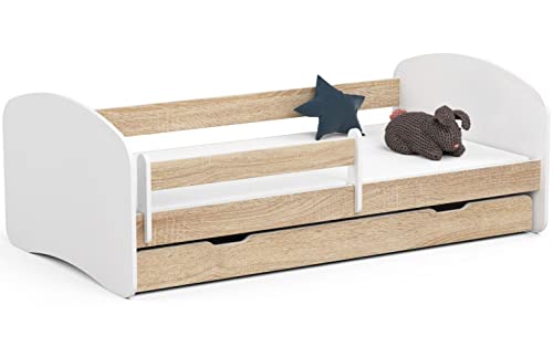AKORD Kinderbett Smile180x90cm mit Matratze und Schublade Einzelbett für Kinderzimmer Schlafzimmergestell im Set Geländer Bequeme Matratze Eiche Sonoma von AKORD