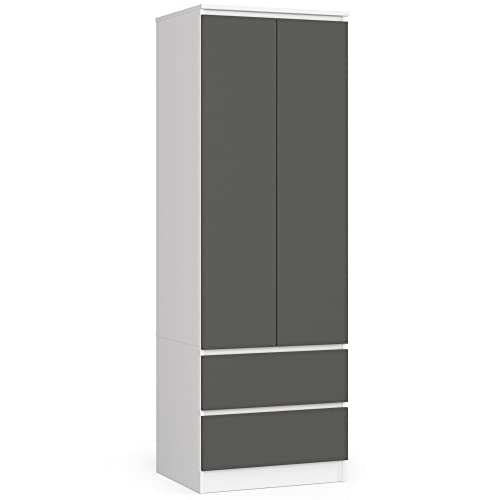 AKORD Kleiderschrank Star S | Zweitürig S 60 cm | 2 Schubladen mit Regalen und Einer Kleiderstange | für Kleiderschränke Schlafzimmer | laminierte Platte 16 mm | Farbe Weiß/Graphitgrau von AKORD