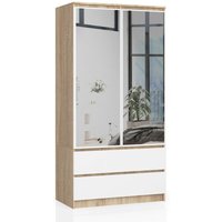 Kleiderschrank AKORD S90 mit Spiegel Sonoma-Eiche 90 cm 2 Türen 2 Schubladen 4 Ebenen Front Weiß B90 x H180 x T51 cm von AKORD