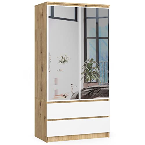 AKORD Kleiderschrank mit Spiegel S 90 cm 2 Türen 2 Schubladen mit Regalen und Einer Kleiderstange für EIN Schlafzimmer Kleiderschränke | Laminierte Platte 16 mm | Farbe: Artisan Eiche | Weiß AKORD Kleiderschrank mit Spiegel S 90 cm 2 Türen 2 Schubladen mit Regalen und Einer Kleiderstange für EIN Schlafzimmer Kleiderschränke | Laminierte Platte 16 mm | Farbe: Artisan Eiche | Weiß von AKORD