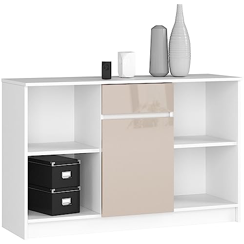 AKORD | Kommode B-17 120 cm | 1 Tür und Schublade | für Wohnzimmer Schlafzimmer Schrank Wohnzimmer | Modernes Funktionelles Design | 16 mm laminierte Platte Farbe | Weiß|Weiß glänzend von AKORD