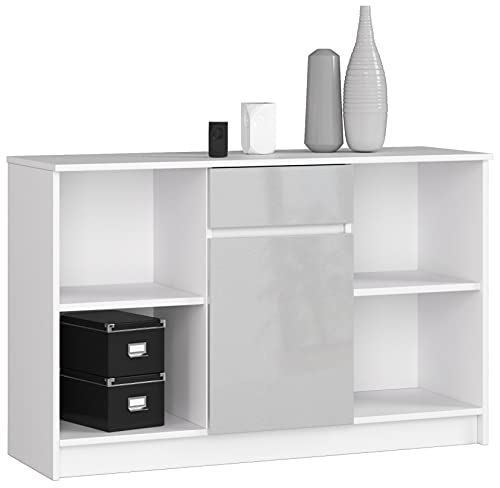 AKORD Kommode B-17 120 cm | 1 Tür und eine Schublade | für Wohnzimmer Schlafzimmer Schrank Wohnzimmer | Modernes Funktionelles Design | 16 mm laminierte Platte Farbe Weiß/Metallic-Glanz von AKORD