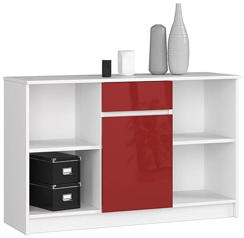 AKORD Kommode B-17 120 cm | 1 Tür und eine Schublade | für Wohnzimmer Schlafzimmer Schrank Wohnzimmer | Modernes Funktionelles Design | 16 mm laminierte Platte Farbe Weiß/Rot glänzend von AKORD